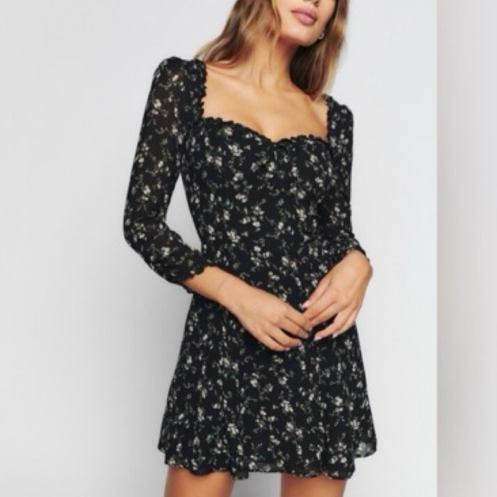 Reformation Remi Black Floral Long Sleeve Dress